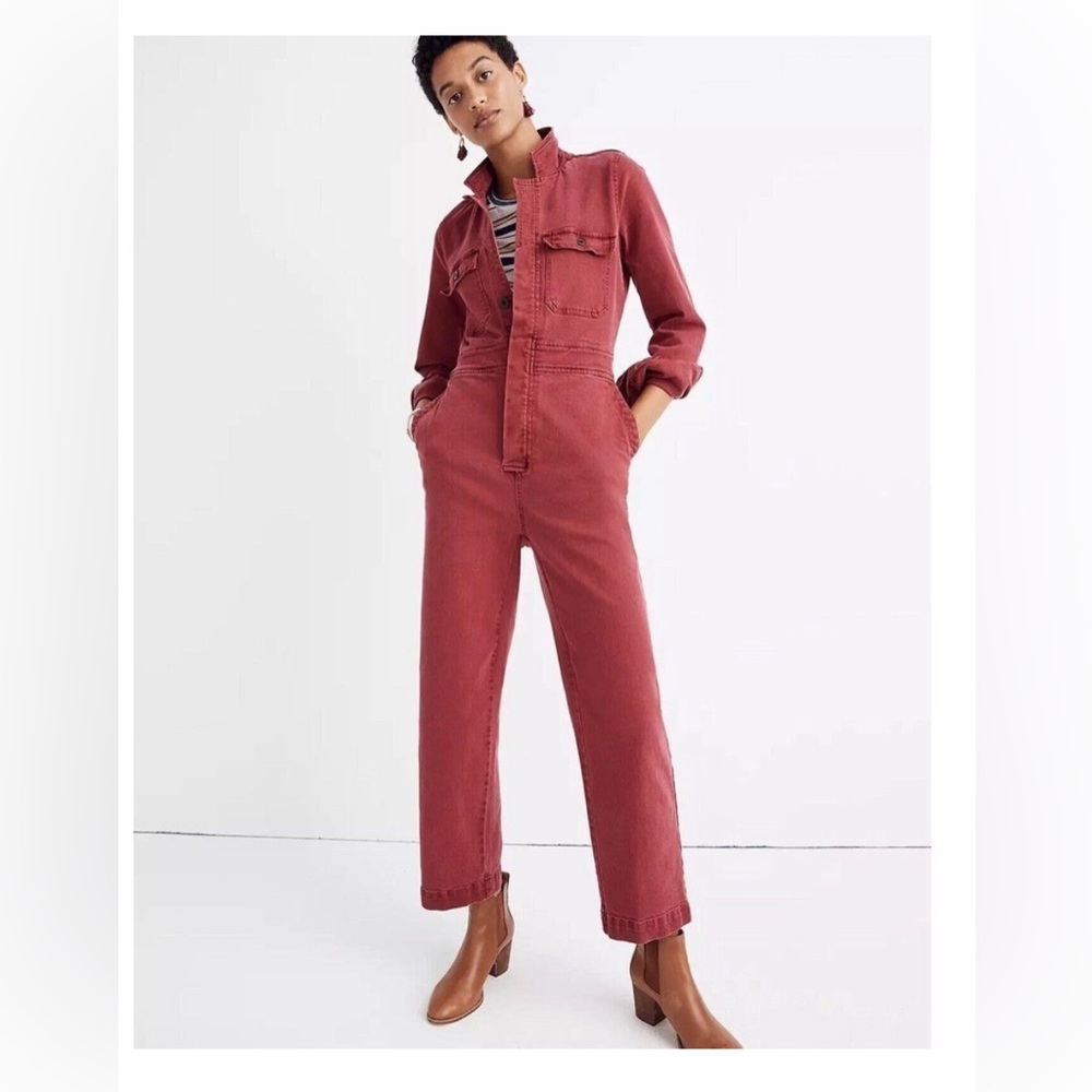 Madewell Garment Dyed Denim Slim Red Coverall Jumpsuit Size SMALL Stretchy Comfy